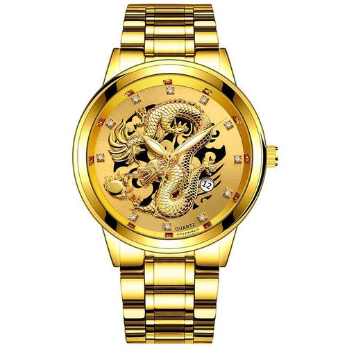 Meilleure Vente ! Montre Quartz Luxe Dragon Doré - Montre Homme Bracelet Tout Or avec Affichage de Date