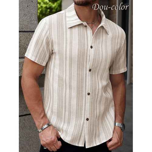 Chemise à manches courtes à rayures verticales texturées pour homme | Haut à col rabattu boutonnage simple blanc cassé et kaki | Vêtement d'été léger, confortable et de qualité