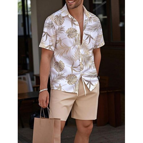 Ensemble Homme Ete Chemise Manches Courtes et Short 2 Pieces Imprime Tropical Blanc Kaki Haut Kaki Cordon Décontracté