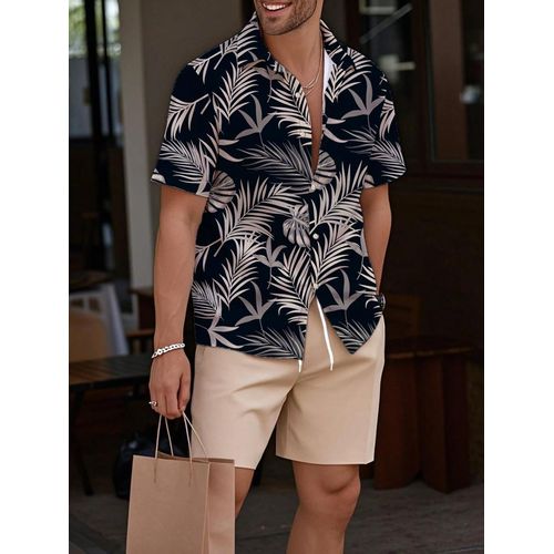 Dou-color Ensemble Homme Ete Chemise Manches Courtes et Short 2 Pieces Imprime Tropical Noir Blanc Haut Khaki Cordon Décontracté