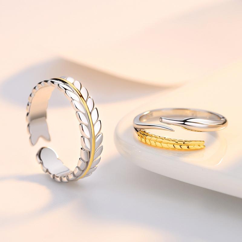 Ensemble alliances ajustables en argent pur 925 couronne laurier triomphale