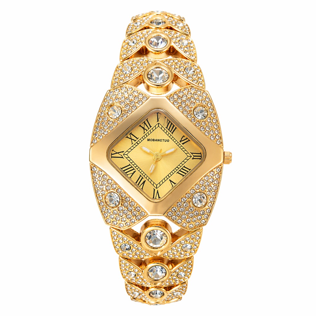 Montre quartz pour femme à cadran losange et strass - Doré