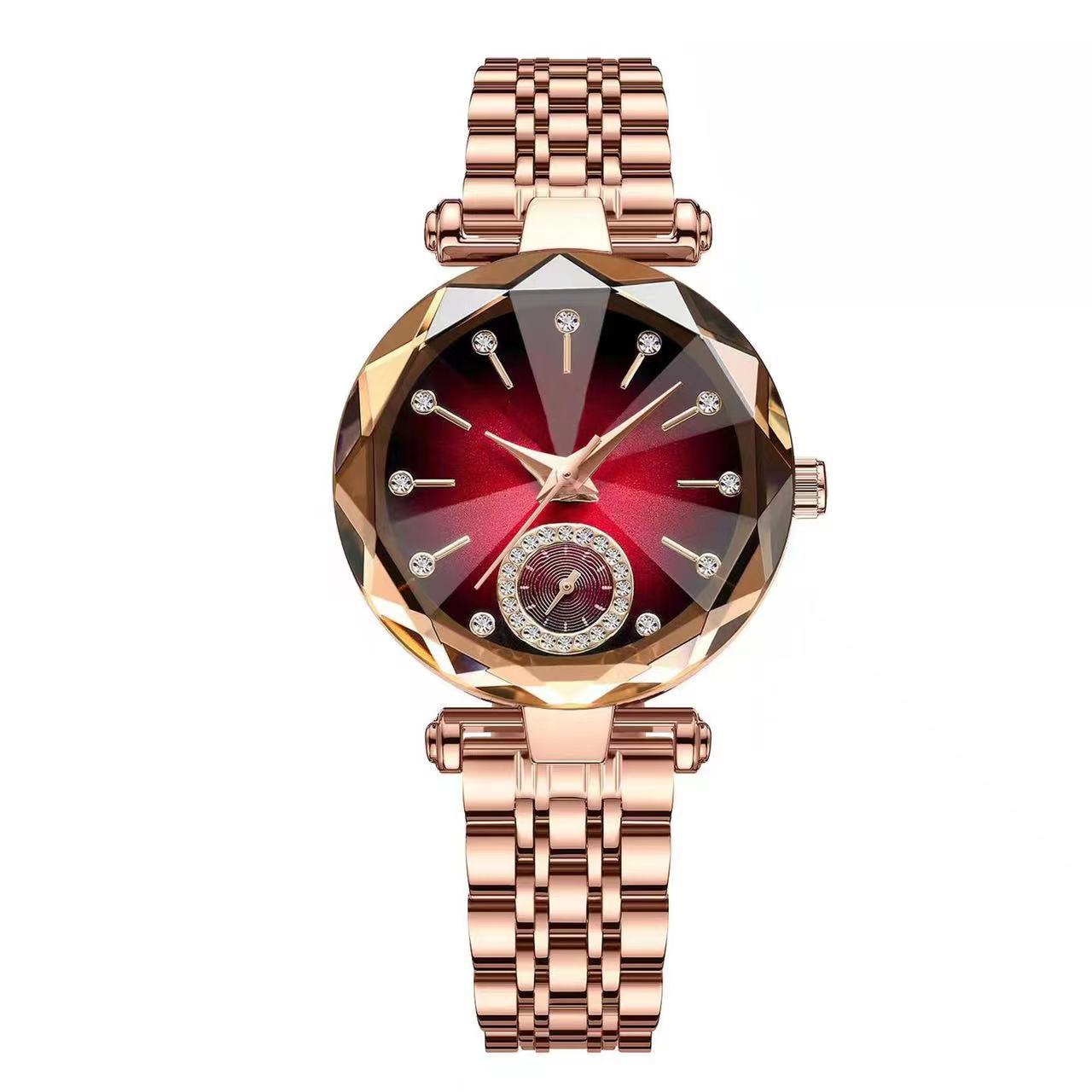 Montre femme à quartz, cadran rouge et bracelet acier
