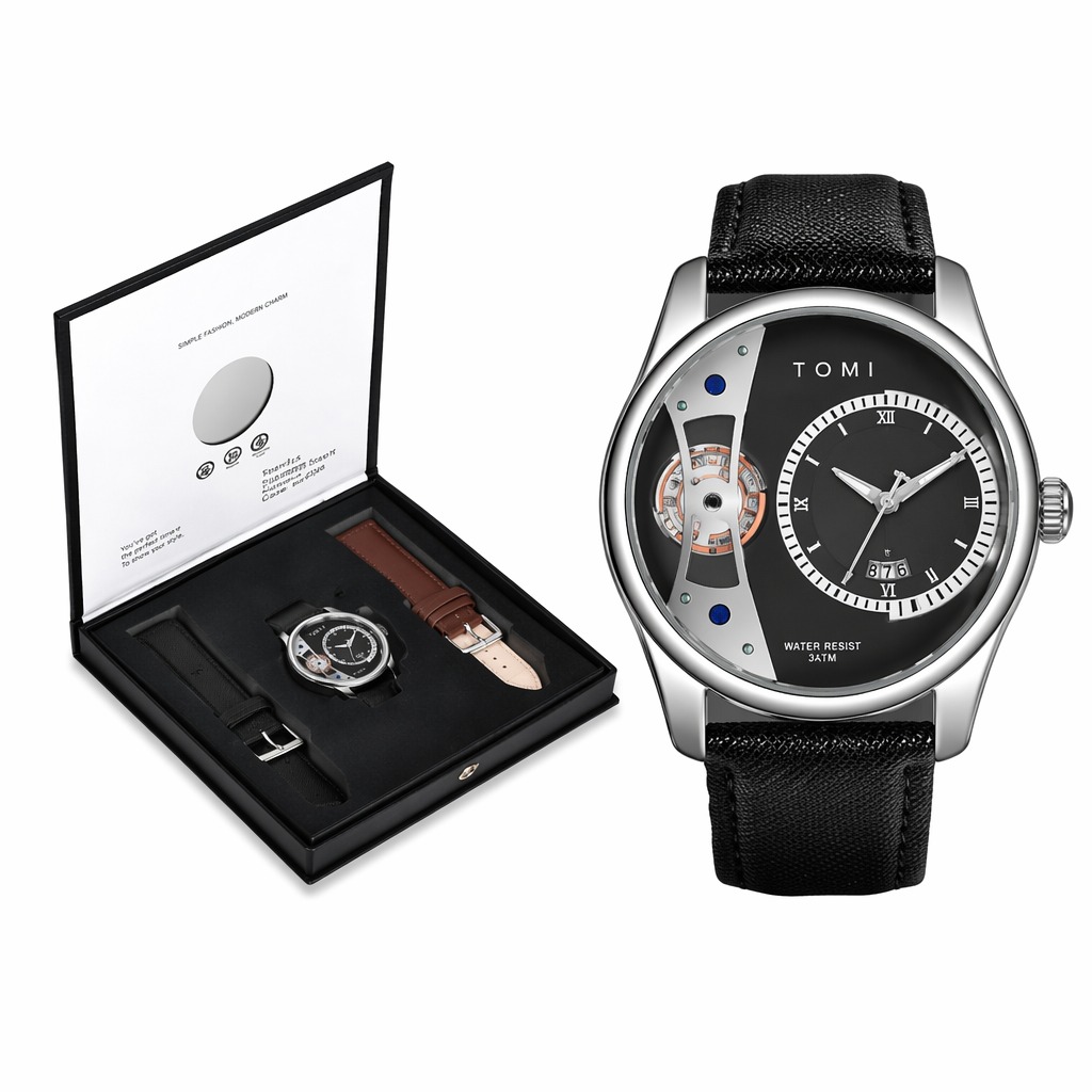Montre homme TOMI T105, cadran et bracelet noirs