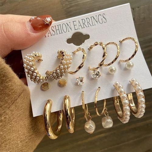 9 Paires Boucles d'oreilles créoles pour dames avec diamants et perles, style punk - Image 1
