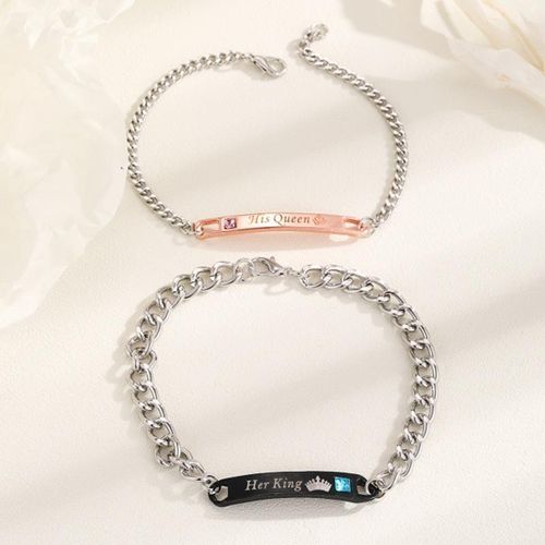 Ensemble de 2 bracelets Couple Roi Reine en acier et titane - Rose/Noir - Image 1