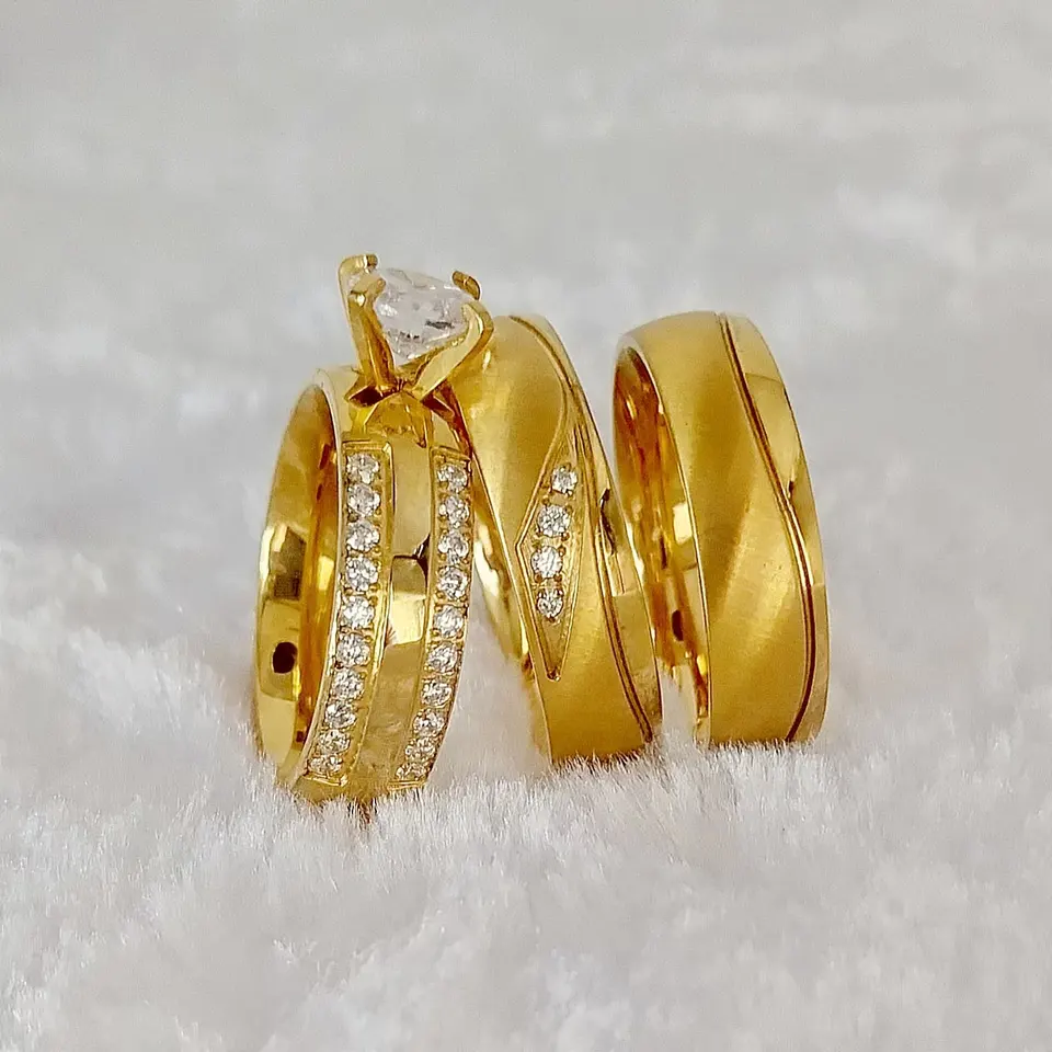 Ensemble 3 pcs alliances de mariage pour couples en or plaqué 18 K /model P1415 - Image 4