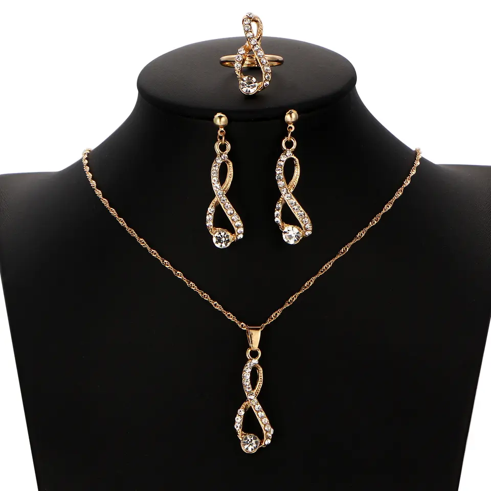 ensembles de bijoux brillants 3 pièces en or plaqué 18k pour femmes wedding cristal - Image 1