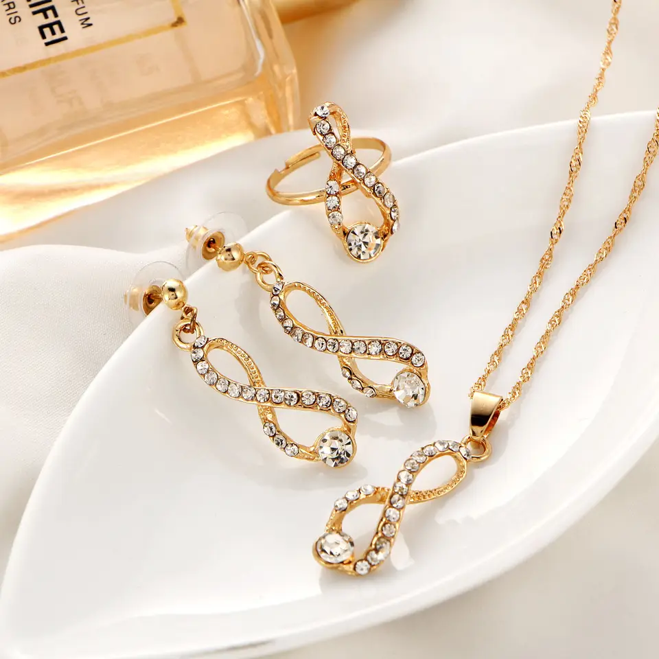 ensembles de bijoux brillants 3 pièces en or plaqué 18k pour femmes wedding cristal - Image 3