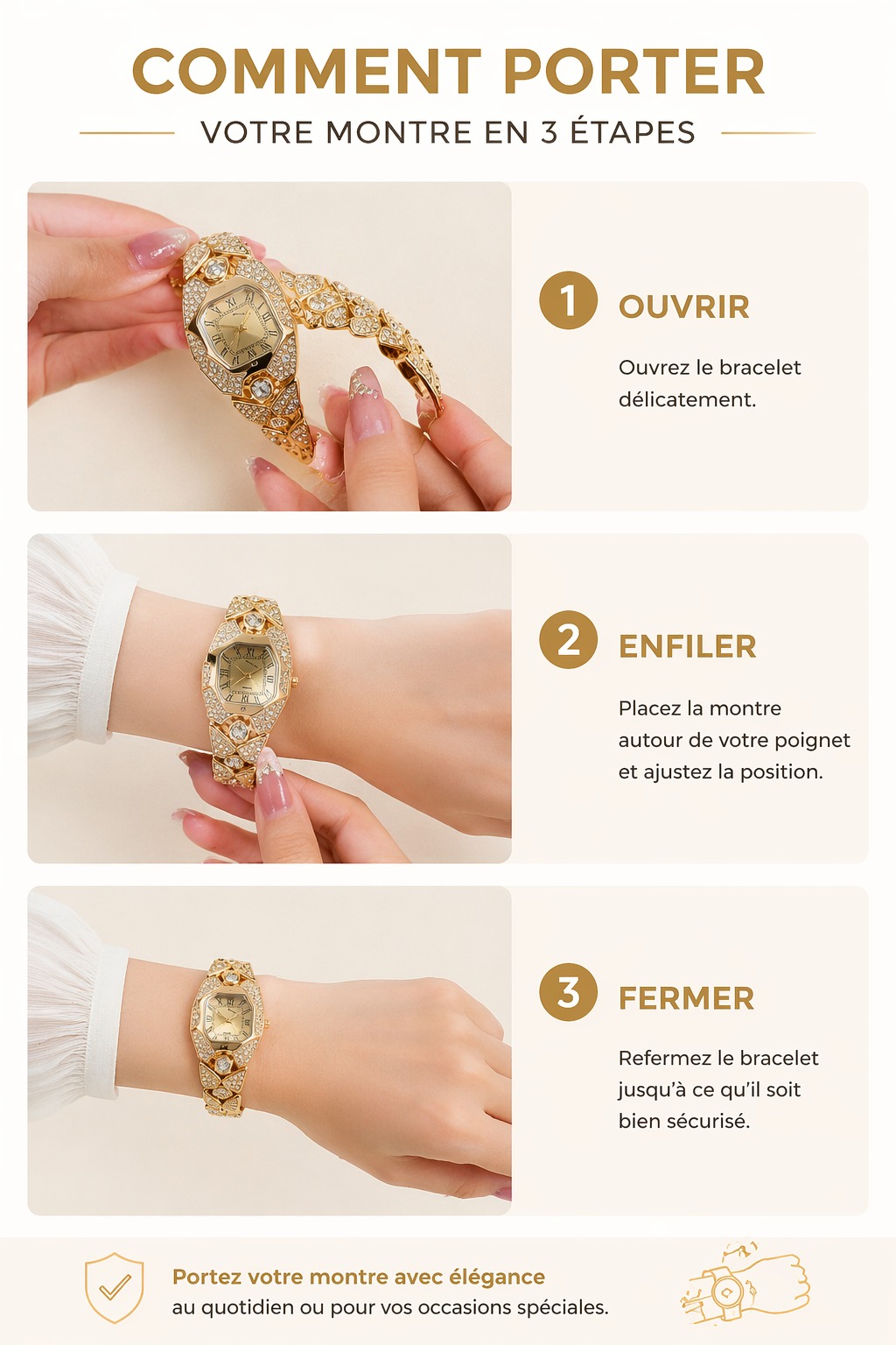 Montre quartz pour femme à cadran losange et strass - Doré - Image 4