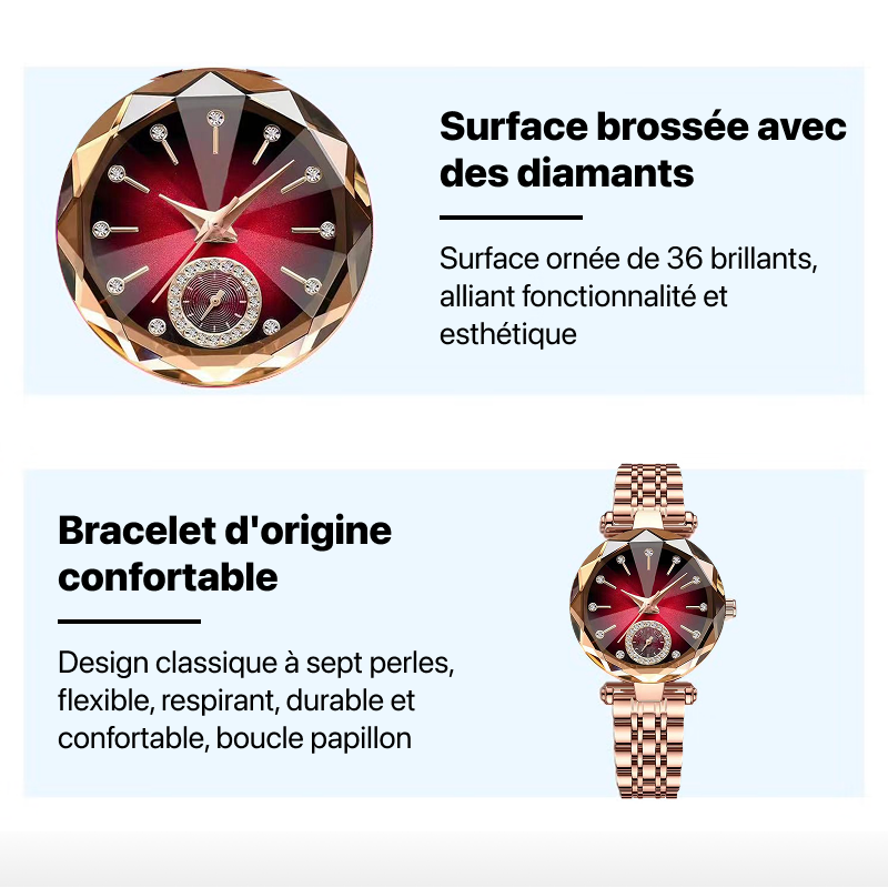 Montre femme à quartz, cadran rouge et bracelet acier - Image 2