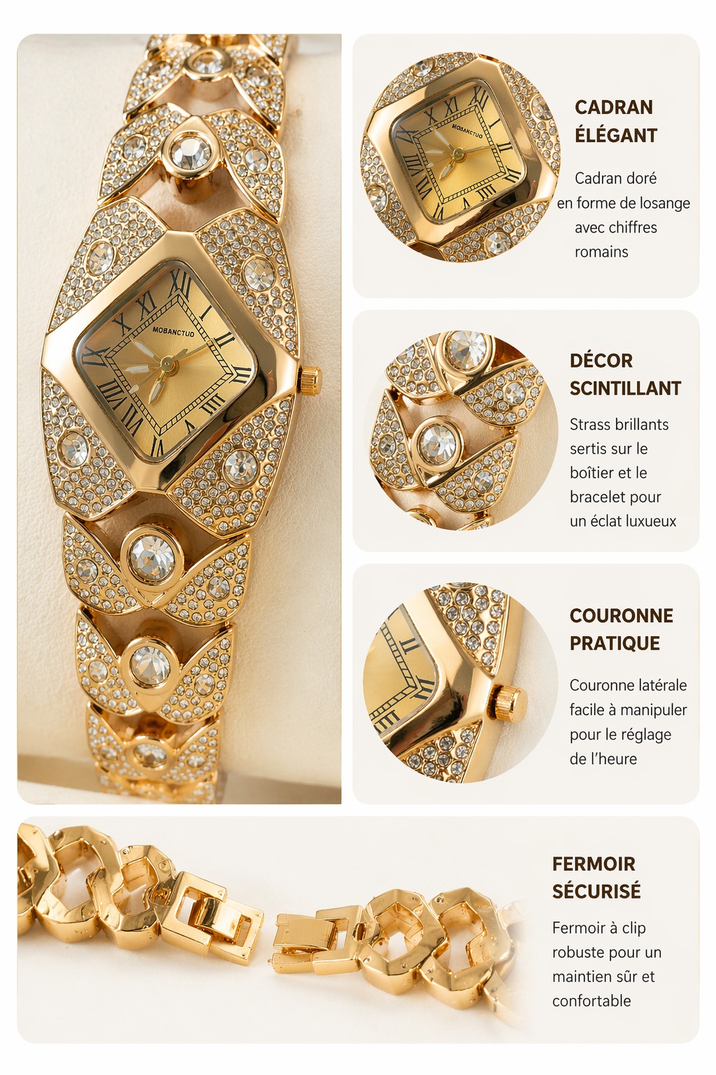 Montre quartz pour femme à cadran losange et strass - Doré - Image 3