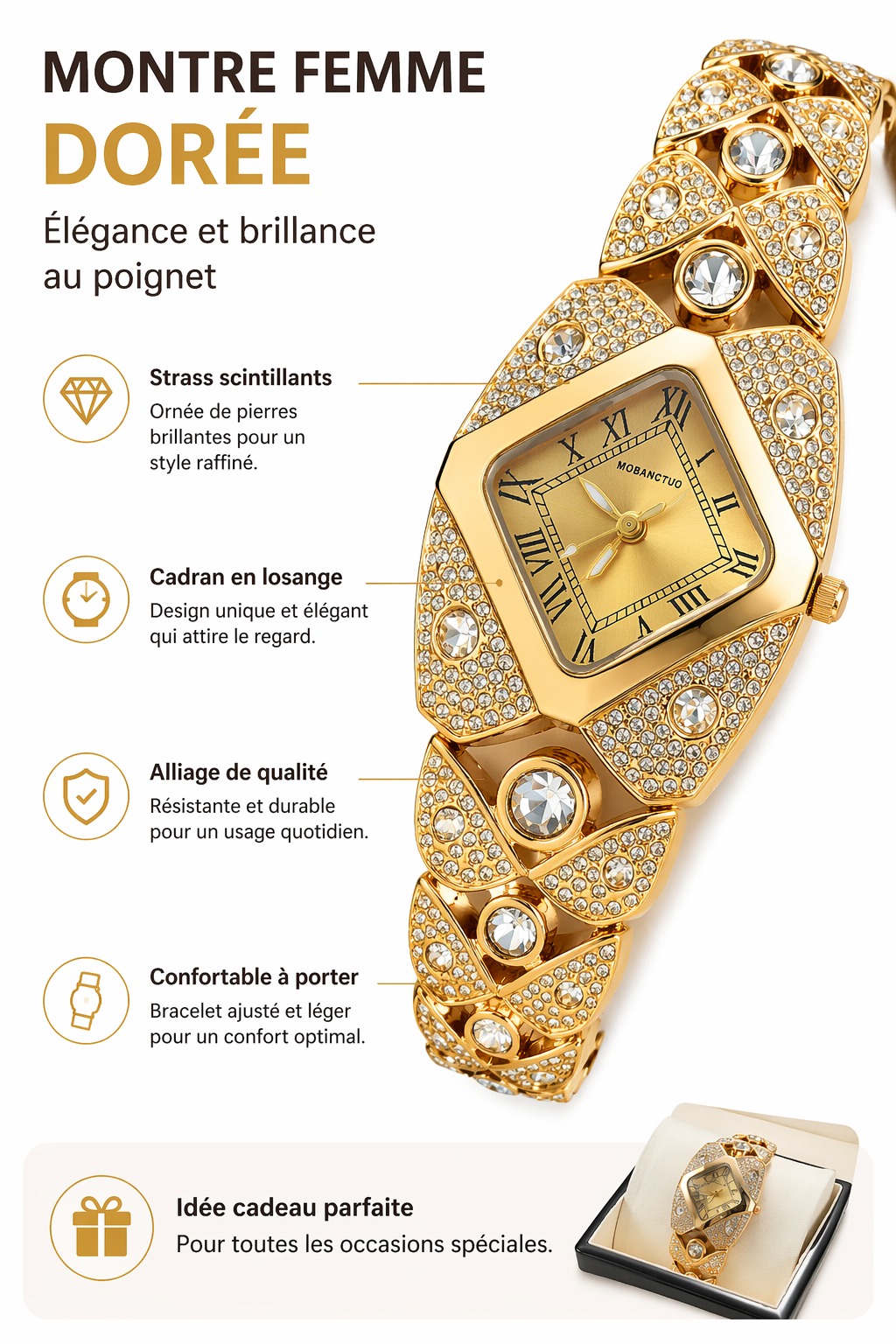 Montre quartz pour femme à cadran losange et strass - Doré - Image 1