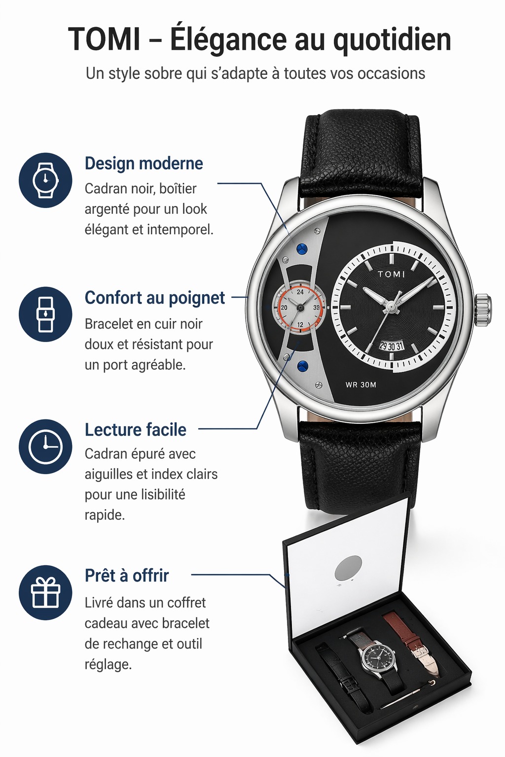 Montre homme TOMI T105, cadran et bracelet noirs - Image 1