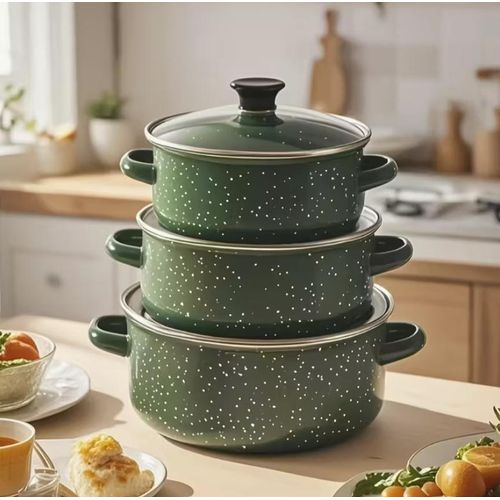 3-Piece Green Enamel Stock Pot Set - Durable Steel, 16cm, 18cm, 20cm, Non-Stick, Multi-Functional
