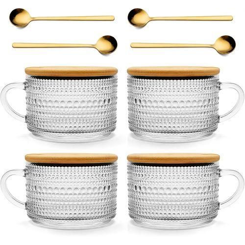4pcs Tasse à Café En Verre Gaufré Transparent Avec Couvercle Et Cuillère