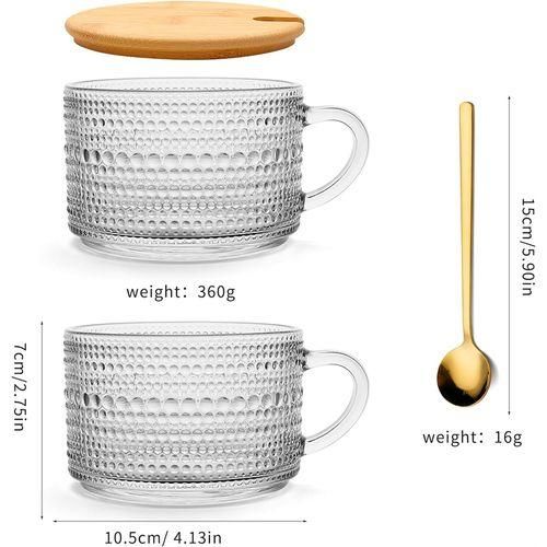4pcs Tasse à Café En Verre Gaufré Transparent Avec Couvercle Et Cuillère
